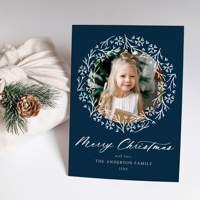 Cartes Pour Fêtes Annuelles Élégant flocon de neige Wreath Navy photo (Créateur téléchargé)
