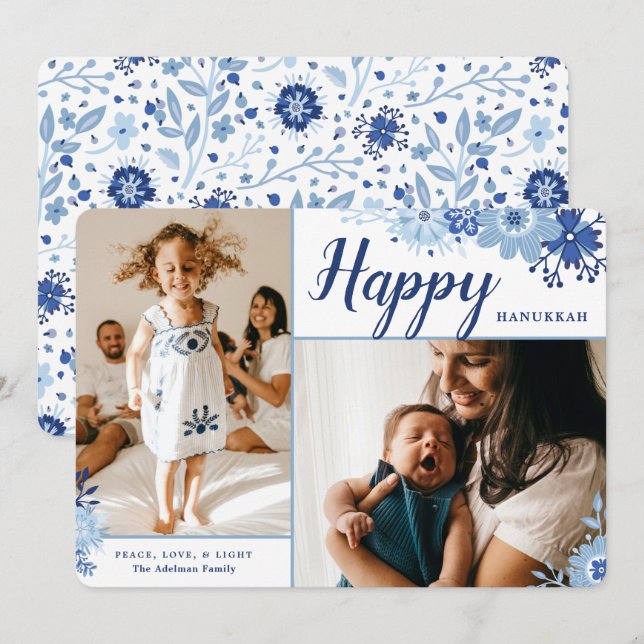 Cartes Pour Fêtes Annuelles Elégant floral Happy Hanoukka 2 Photo (Devant / Derrière)