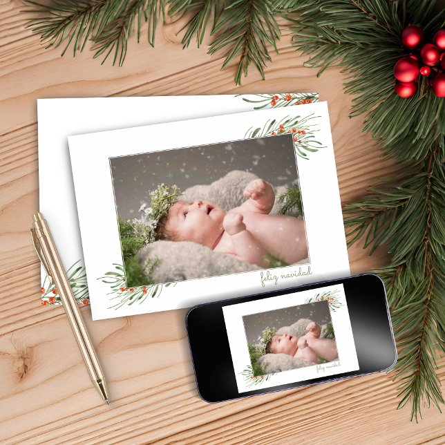 Cartes Pour Fêtes Annuelles Elégant Foliage Berries Feliz Navidad Noël (Elegant Foliage Berries Feliz Navidad Christmas Holiday Card)