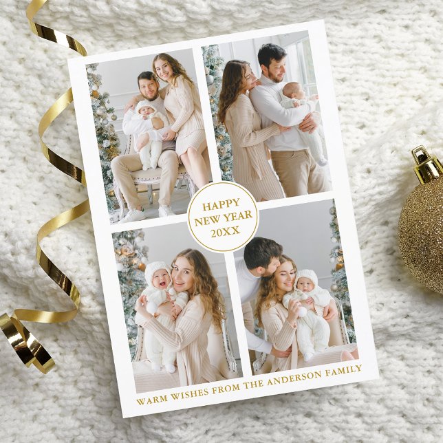 Cartes Pour Fêtes Annuelles Elegant Gold 4 Photo Bonne année (Customize to change text size, style or color.)
