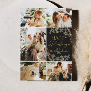 Cartes Pour Fêtes Annuelles Elegant Gold 5 Photo Botanical Happy Holidays Card