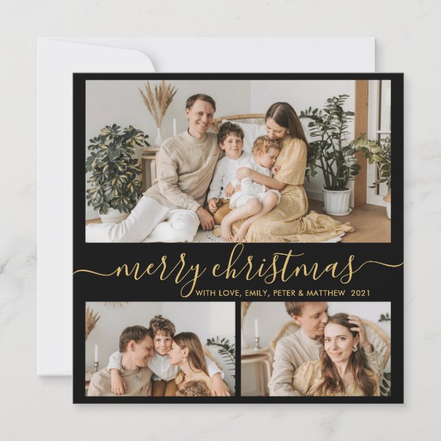 Cartes Pour Fêtes Annuelles Elegant Gold Black 3 Photo Collage Noël (Devant)