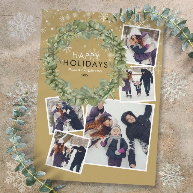 Cartes Pour Fêtes Annuelles Elégant Gold Christmas 5 Photo Collage Vert (Elegant Gold Christmas 5 Photo Collage Greenery Holiday Card)