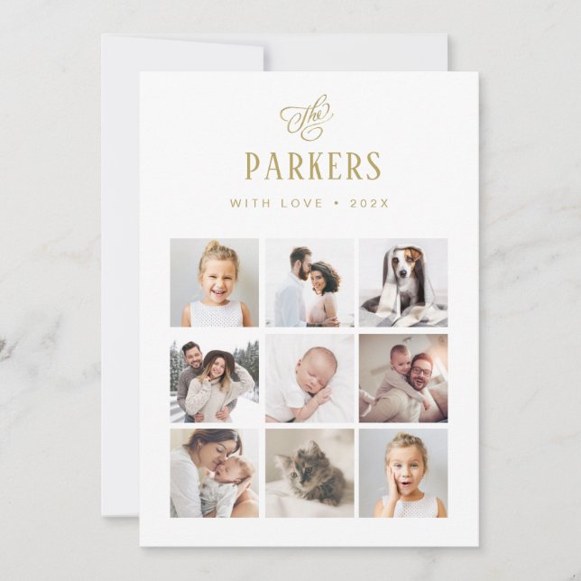 Cartes Pour Fêtes Annuelles Elegant Gold Family Multi Photo Grid | Noël (Devant)