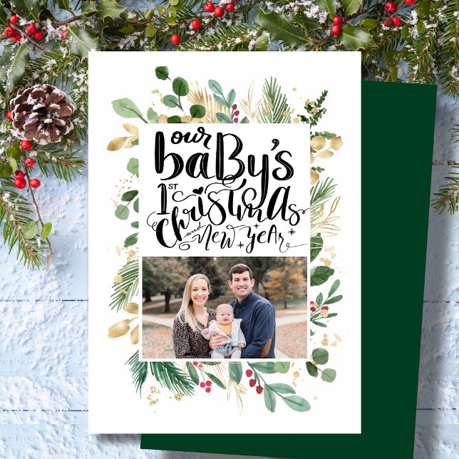 Cartes Pour Fêtes Annuelles Élégant Gold Foliage Verdure Baby First Christmas (Créateur téléchargé)