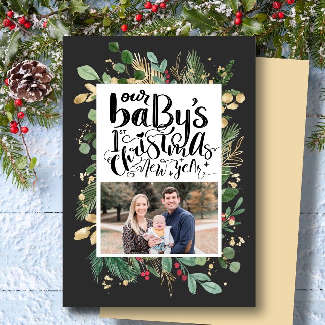Cartes Pour Fêtes Annuelles Élégant Gold Foliage Verdure Baby First Christmas (Créateur téléchargé)