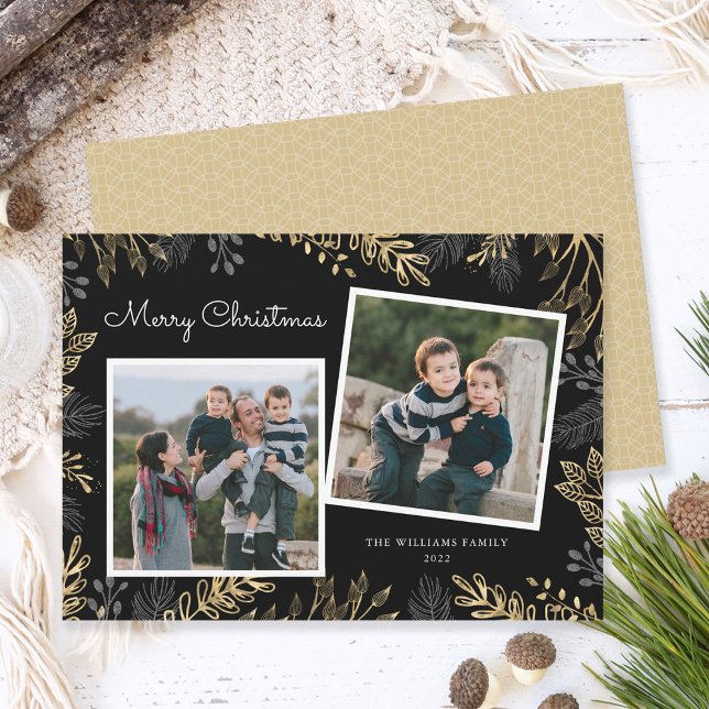Cartes Pour Fêtes Annuelles Elégant Gold Green 2 Photos Joyeux Noël (Créateur téléchargé)