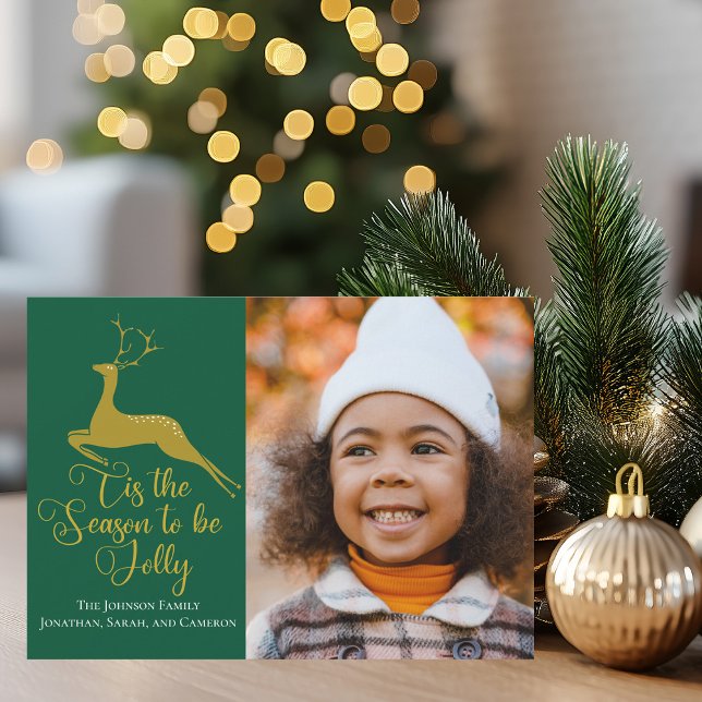 Cartes Pour Fêtes Annuelles Élégant Gold Green Reindeer Noël Famille Photo (Créateur téléchargé)