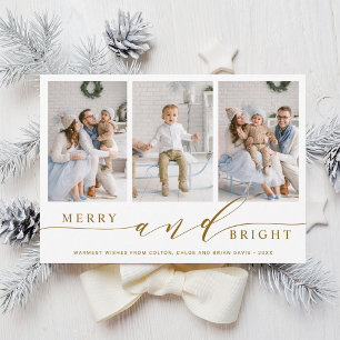 Cartes Pour Fêtes Annuelles Elegant Gold Merry et Bright 3 Photo Holiday Card
