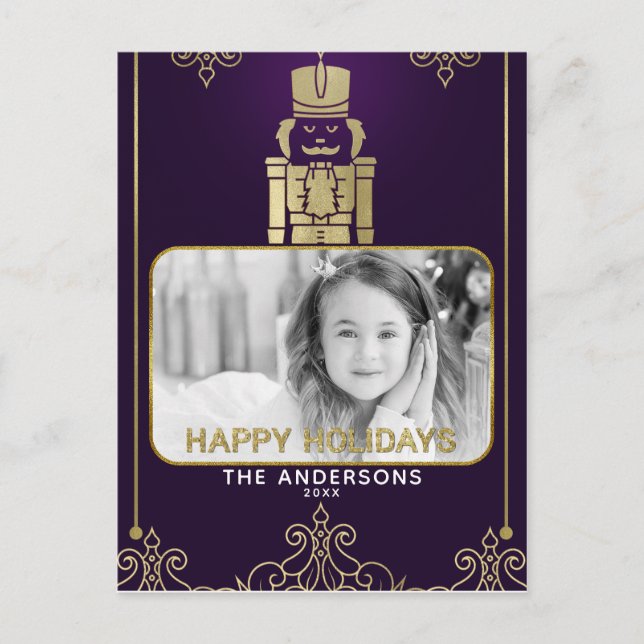 Cartes Pour Fêtes Annuelles Elegant Gold & Purple Nutcracker Photo de vacances (Devant)