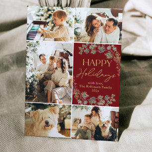Cartes Pour Fêtes Annuelles Elégant Gold Red 5 Photo Happy Holidays Card
