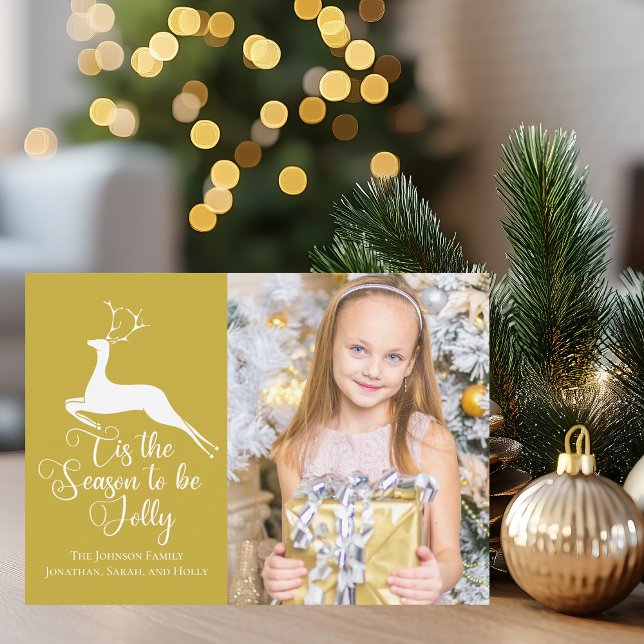 Cartes Pour Fêtes Annuelles Élégant Gold Reindeer Photo de famille de Noël (Créateur téléchargé)