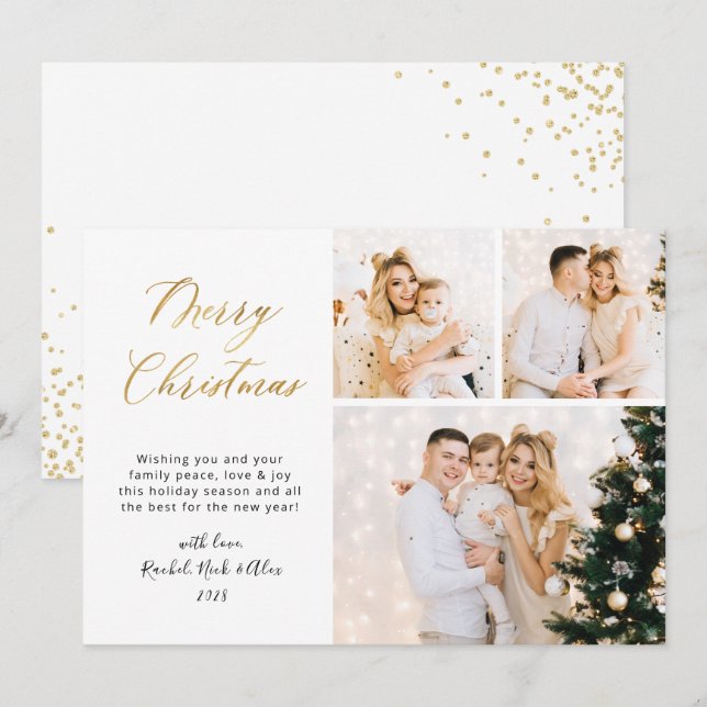 Cartes Pour Fêtes Annuelles Élégant Gold Script 3 Multi Photo Noël (Devant / Derrière)