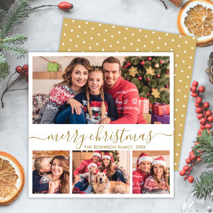 Cartes Pour Fêtes Annuelles Élégant Gold Script 4 Photo Collage Noël