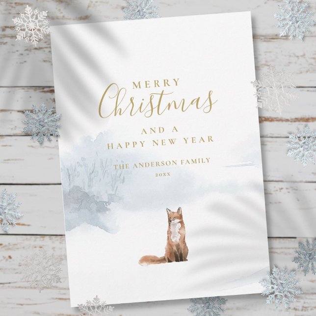 Cartes Pour Fêtes Annuelles Élégant Gold Script Christmas Winter Fox (Elegant Gold Script Christmas Winter Fox Holiday Card)