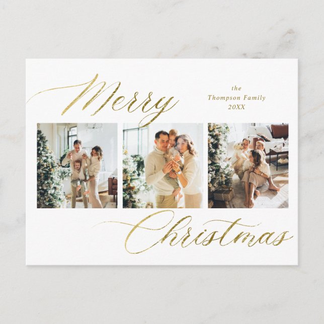Cartes Pour Fêtes Annuelles Élégant Gold Script Joyeux Noël Photo Collage (Devant)