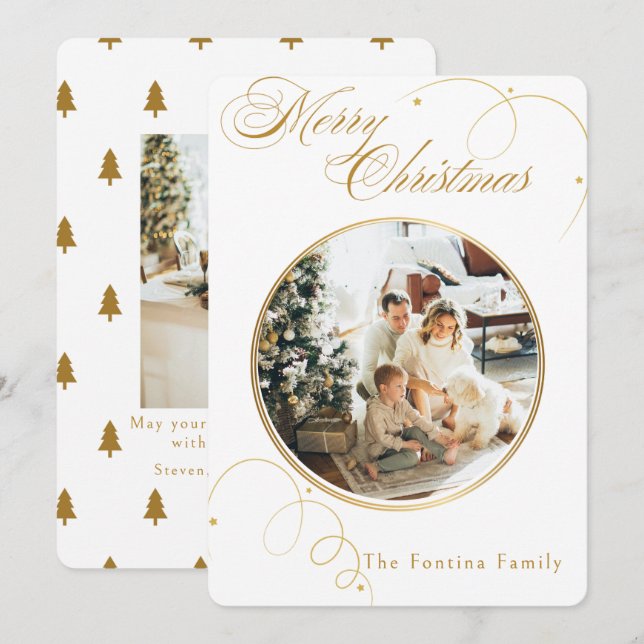 Cartes Pour Fêtes Annuelles Élégant Gold Script Pine Tree photo de Noël (Devant / Derrière)