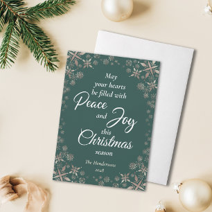 Cartes Pour Fêtes Annuelles Élégant Gold Snowflakes Peace Joy Green