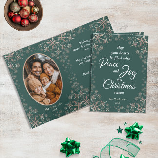 Cartes Pour Fêtes Annuelles Elégant Gold Snowflakes Peace Joy Green Photo