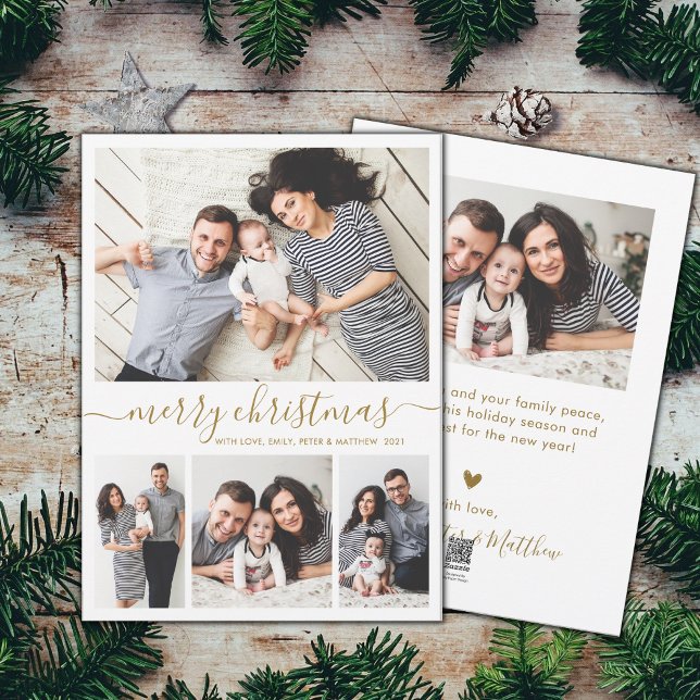 Cartes Pour Fêtes Annuelles Elégant Gold White 4 Photo Collage Noël (Créateur téléchargé)