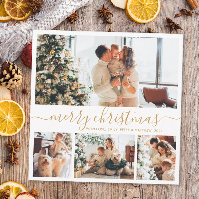 Cartes Pour Fêtes Annuelles Elegant Gold White 4 Photo Collage Noël (Créateur téléchargé)