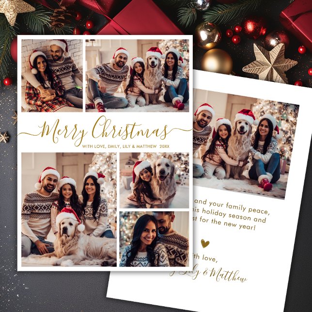 Cartes Pour Fêtes Annuelles Elégant Gold White 5 Photo Collage Noël (Créateur téléchargé)