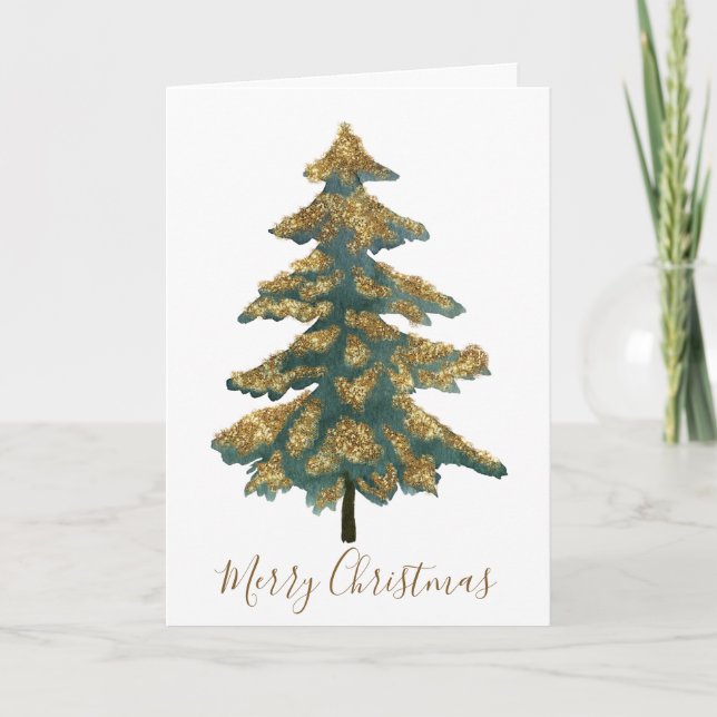 Cartes Pour Fêtes Annuelles Elégant Golden Green Joyeux sapin de Noël photo (Devant)