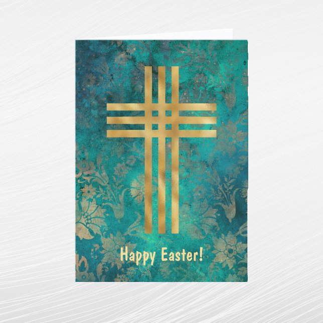 Cartes Pour Fêtes Annuelles Elégant Green Gold Cross Pâques (Créateur téléchargé)