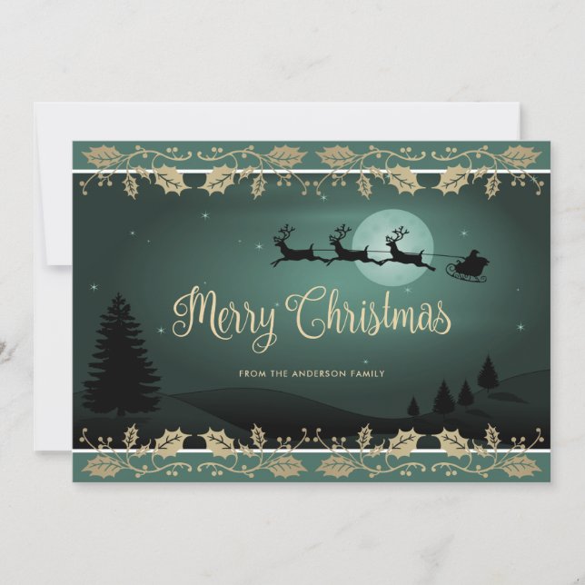 Cartes Pour Fêtes Annuelles Élégant Green Gold Holly Père Noël Joyeux Noël (Devant)