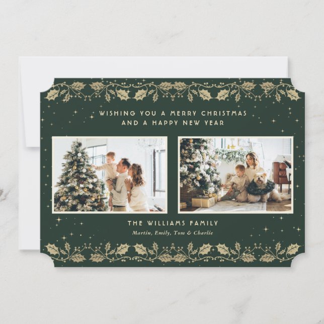 Cartes Pour Fêtes Annuelles Elégant Green Gold Holly Stars Photo (Devant)