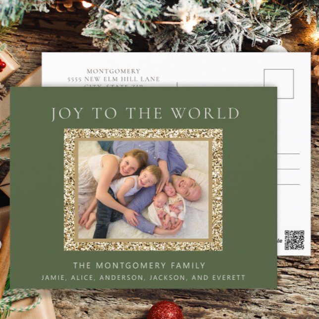 Cartes Pour Fêtes Annuelles Elegant Green Gold Joy Christmas Holiday Photo (Green and gold Christmas photo greeting postcard.)