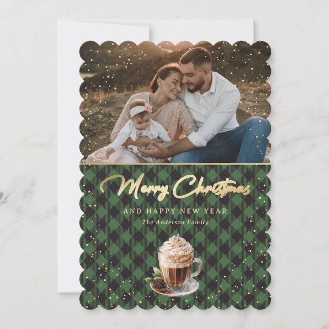 Cartes Pour Fêtes Annuelles Élégant Green Gold Plaid Photo Joyeux Noël (Devant)