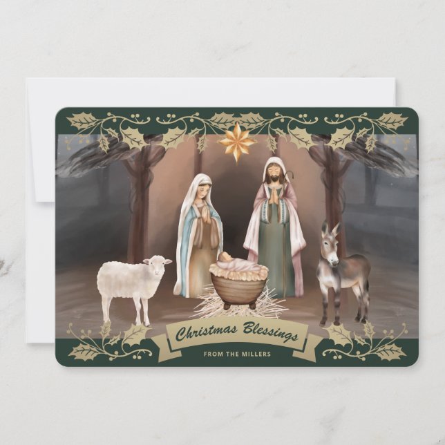 Cartes Pour Fêtes Annuelles Elegant Green Nativity Scene Christian Christmas (Devant)