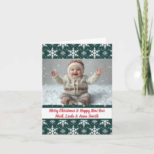 Cartes Pour Fêtes Annuelles Élégant Green Snowflakes Noël Pliage Photo (Devant)