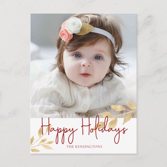 Cartes Pour Fêtes Annuelles Elégant Happy Holidays Gold Feuilles Photo (Devant)