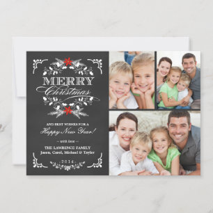 Cartes Pour Fêtes Annuelles Elegant Holly Chalkboard Noël 3-Photo Collage