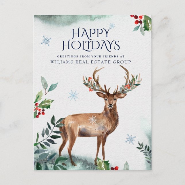 Cartes Pour Fêtes Annuelles Elegant Holly Deer Noël Accueil d'entreprise (Devant)