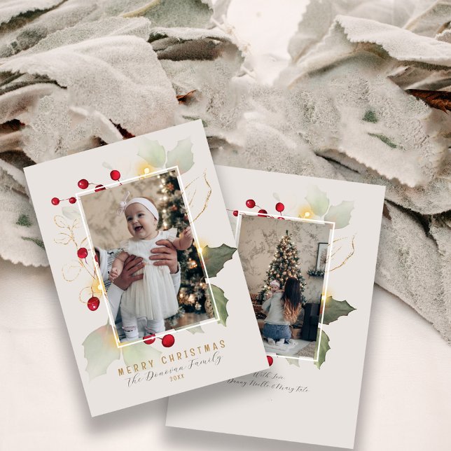 Cartes Pour Fêtes Annuelles Elegant Holly et Gold Joyeux Noël Photo (Créateur téléchargé)