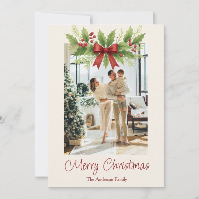 Cartes Pour Fêtes Annuelles Elegant Holly & Red Bow Noël - (Devant)