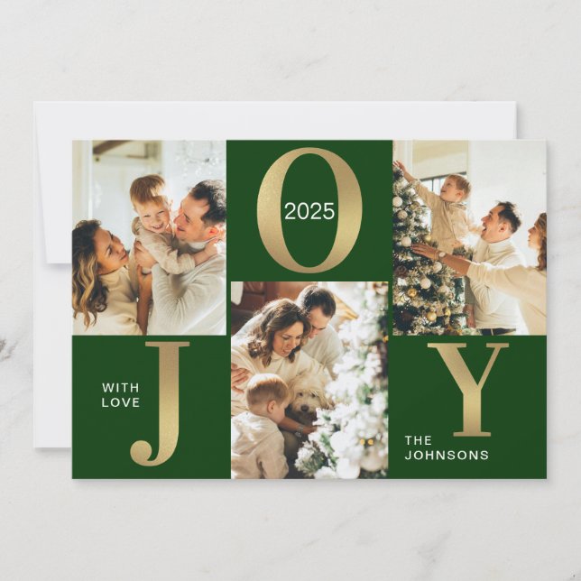 Cartes Pour Fêtes Annuelles Elégant Joy Green Gold Photo Collage Noël (Devant)
