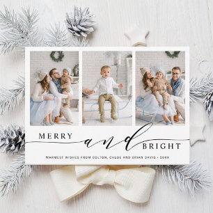 Cartes Pour Fêtes Annuelles Elégant Joyeux et brillant 3 Photo Holiday Card