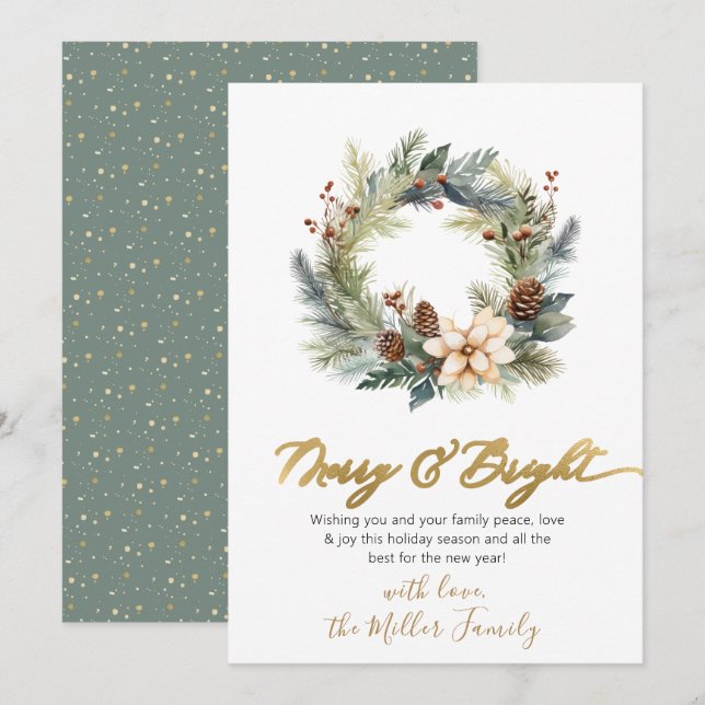Cartes Pour Fêtes Annuelles Élégant Joyeux et Scripts lumineux vert de couronn (Devant / Derrière)