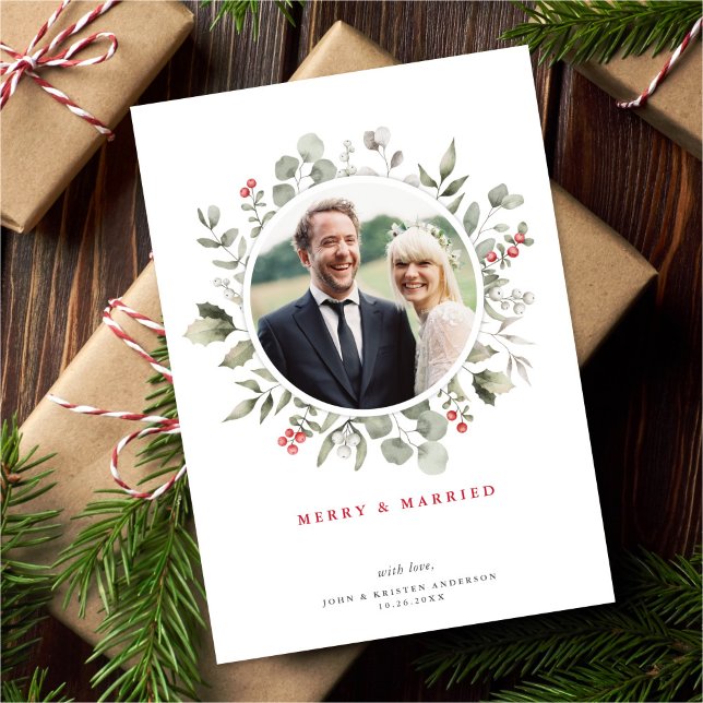 Cartes Pour Fêtes Annuelles Elégant Joyeux & Marié Verdure Wreath Photo (Créateur téléchargé)