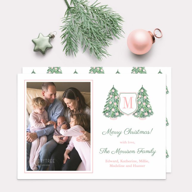 Cartes Pour Fêtes Annuelles Elégant Joyeux Noël aquarelle Chinoiserie (Pink chinoiserie Christmas trees with a monogram crest and space for family photo)