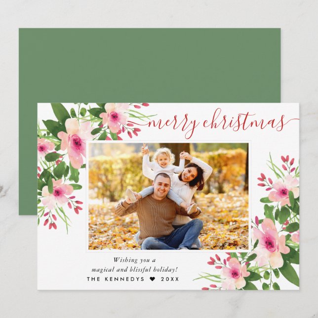 Cartes Pour Fêtes Annuelles Elégant Joyeux Noël aquarelle photo florale (Devant / Derrière)