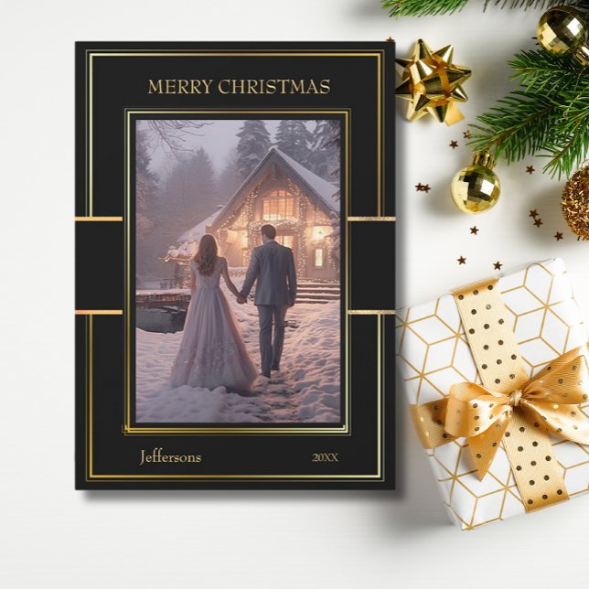 Cartes Pour Fêtes Annuelles Élégant Joyeux Noël Black Gold Couple Photo (Créateur téléchargé)
