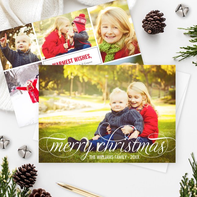 Cartes Pour Fêtes Annuelles Élégant Joyeux Noël Blanc Script photo Collage (Créateur téléchargé)