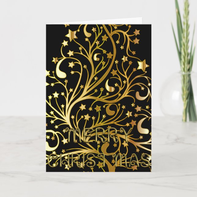 Cartes Pour Fêtes Annuelles Élégant Joyeux Noël Etoiles Black Or brillant (Devant)
