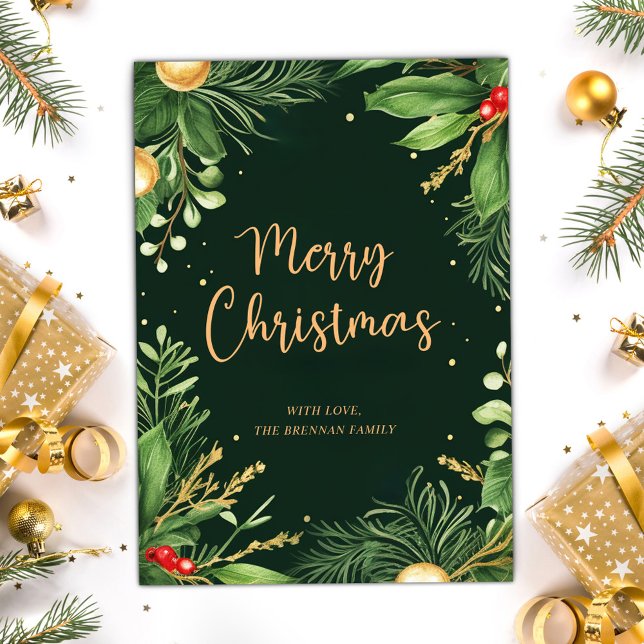Cartes Pour Fêtes Annuelles Élégant Joyeux Noël Moderne Botanique Verdure (Elegant Merry Christmas Modern Botanical Greenery Holiday Card)