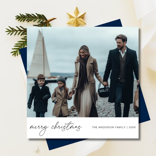 Cartes Pour Fêtes Annuelles Élégant Joyeux Noël Nautique Photo Famille Bleu (Créateur téléchargé)